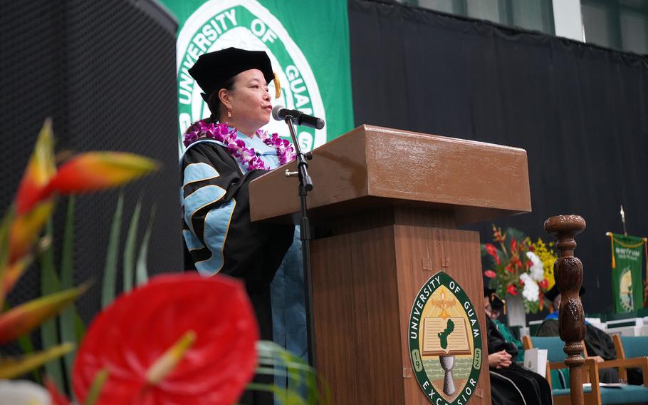 Mary Therese Perez Hattori, a daughter of Guam who now serves as director of the Pacific Islands Development Program of the East-West Center, delivers the University of Guam commencement address on May 19 at the Calvo Field House.