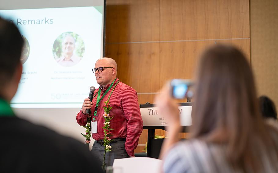 Don McMoran, director of the Western Regional Agricultural Stress Assistance Program, presents at Micronesia’s first Farmer Focus Conference in June 2022. McMoran will be back on island for another first-time event: the Guam AgrAbility Regional Workshop, to be held Oct. 29–30 at the Hyatt Regency Guam.