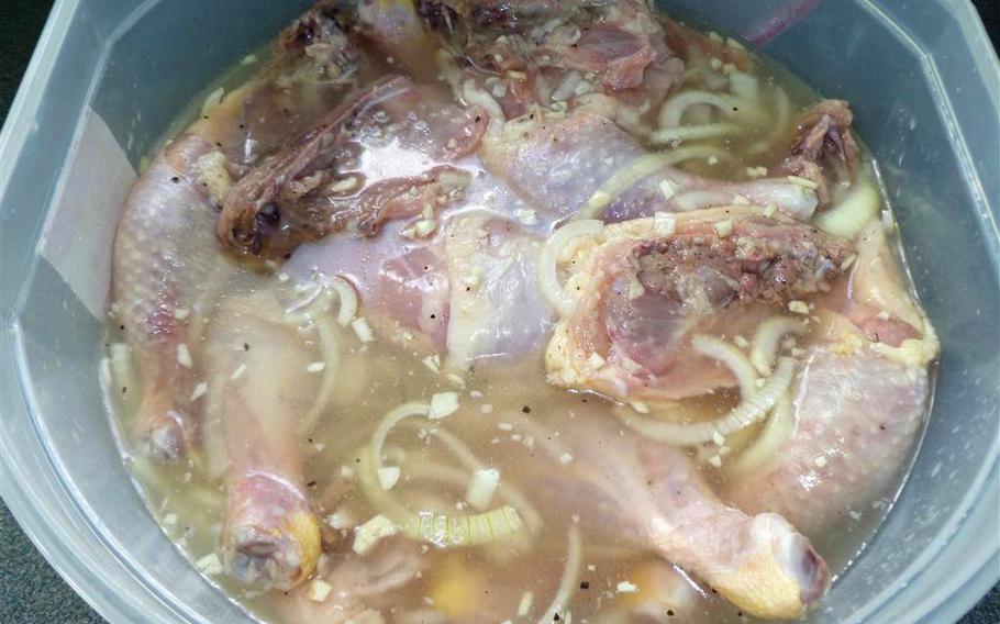 adding the vinegar until it almost covers the chicken.