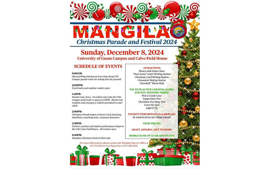 flyer promoting Mangilao Christmas Parade and Festival 2024. Graphics such as present boxes and christmas tree are used.