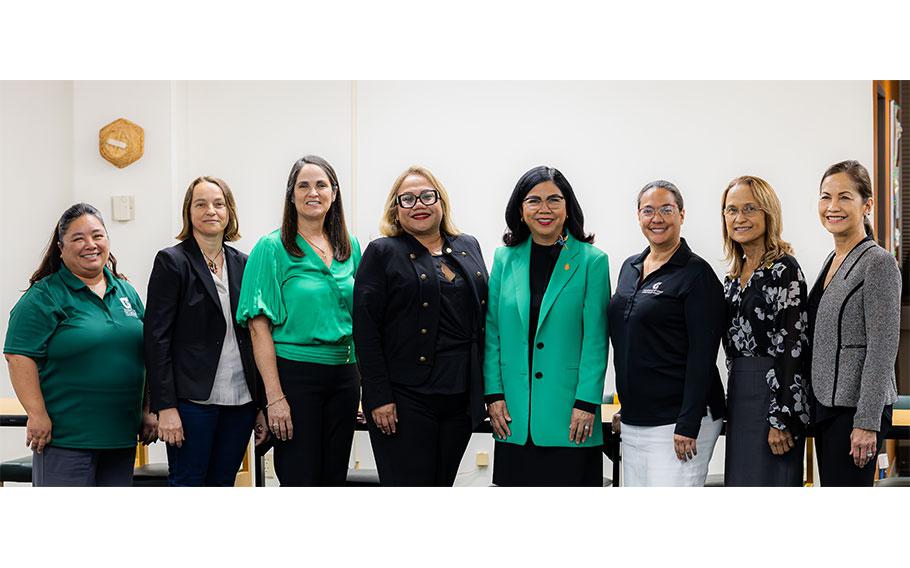 The University of Guam held a press conference on May 9 to announce the launch of two new graduate degree programs: a Master of Science in Data Science and a Master of Library and Information Science. From left to right: Dr. Leslie Aquino, Associate Professor of Mathematics, Dr. Grazyna Badowski, Associate Professor of Mathematics, Dr. Rachael Leon Guerrero, Dean of the College of Natural and Applied Sciences, Dr. Sharleen Santos-Bamba, Senior Vice President and Provost, Dr. Anita Borja Enriquez, President, Dr. Monique Storie, Dean of University Libraries, Dr. Alica Aguon, Dean of the School of Education, and Dr. Geraldine James, Assistant Professor of Advanced Education & Research Services.