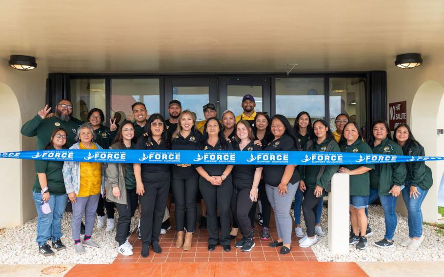 Child Development Center (CDC) staff members pose for a group photo during the CDC reopening ribbon cutting ceremony at Andersen Air Force Base, Guam, May 10, 2024. The CDC is the first building at Andersen AFB to be fully repaired after Typhoon Mawar in May 2023. 