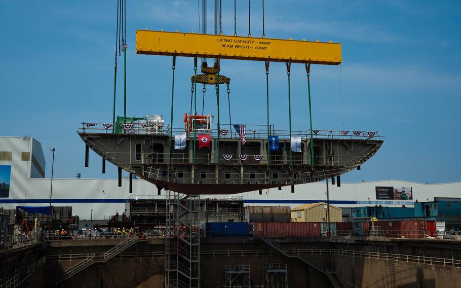 First grand block of Matson vessel Makua being lowered into the construction dry dock. August 4, 2025
