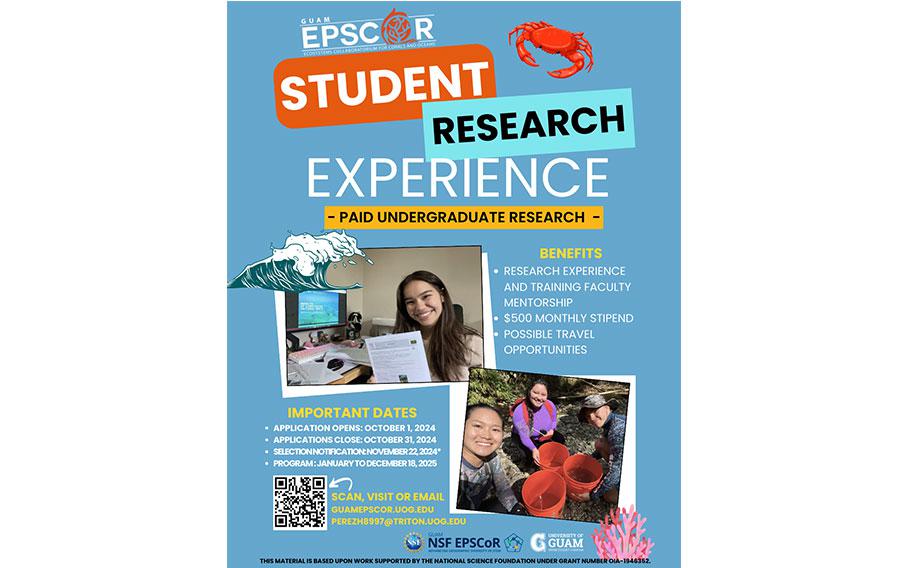 The poster of Student Research Experience. Graphics of wave, crab, coral are used.