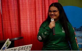 Alyshia Lebehn, a public health student from the Federated States of Micronesia, speaks about the opportunities that are available to the G3 Local2030 Islands Network Conservation Corps. Lebehn and three other new members were introduced at the launching of the program’s second cohort on Monday, February 19, at the UOG Residence Halls.