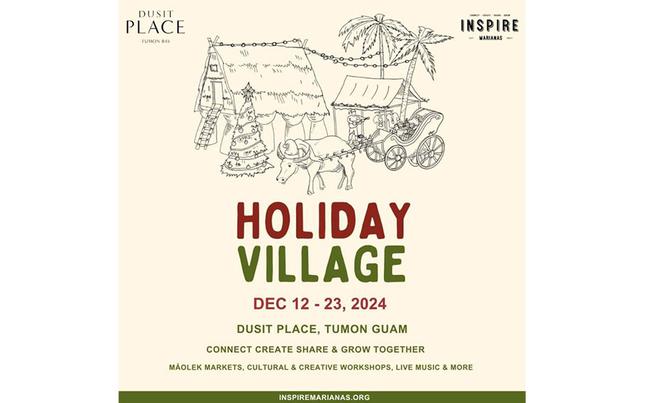 flyer promoting HOLIDAY VILLAGE. illustrations of an oxcart and a Christmas tree are used.