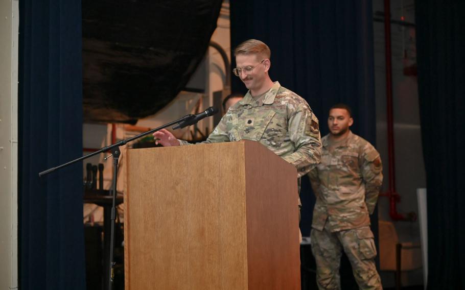 Lt. Col. Adam Otten, 4th Reconnaissance Squadron commander, delivers a speech during his change of command ceremony at Andersen Air Force Base, Guam, June 5, 2025.
