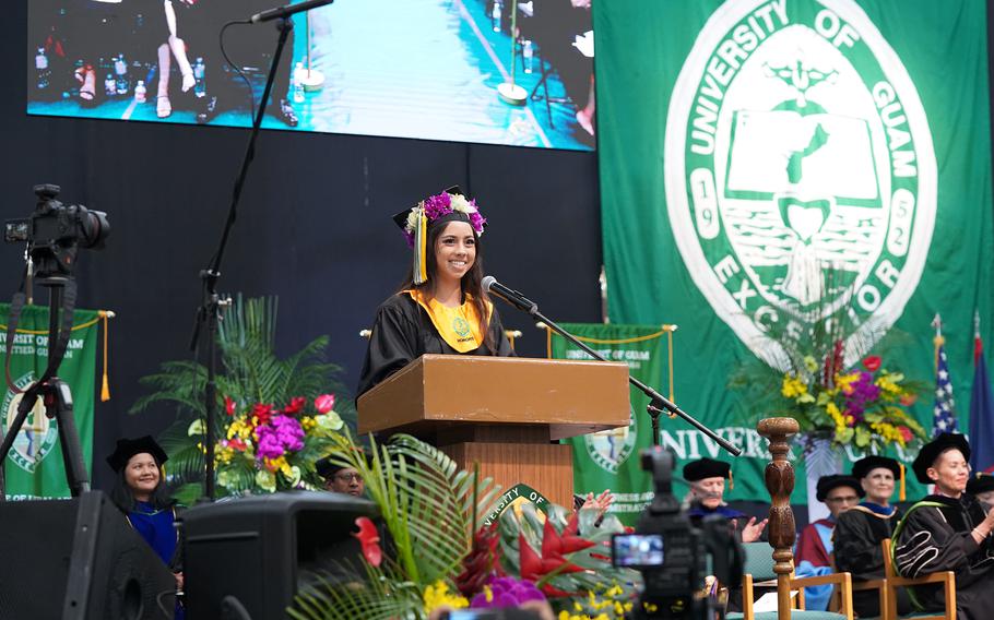 Sophie Santos, the valedictorian for the University of Guam’s Class of Fanuchånan 2024, provides words of encouragement for her classmates as they head into a new chapter of their lives.  