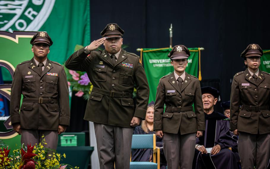 Four of the sixteen new graduates and newly commissioned officers from UOG Senior Army ROTC are in the photo.