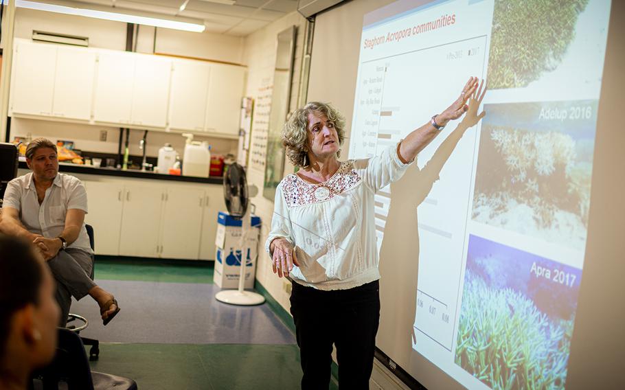 Dr. Laurie Raymundo, director of the UOG Marine Lab, presents on Guam’s Acropora coral populations in 2019. Raymundo has received an award from the U.S. Coral Reef Task Force for launching Guam’s first coral reef nursery dedicated to restoring staghorn Acropora corals.  