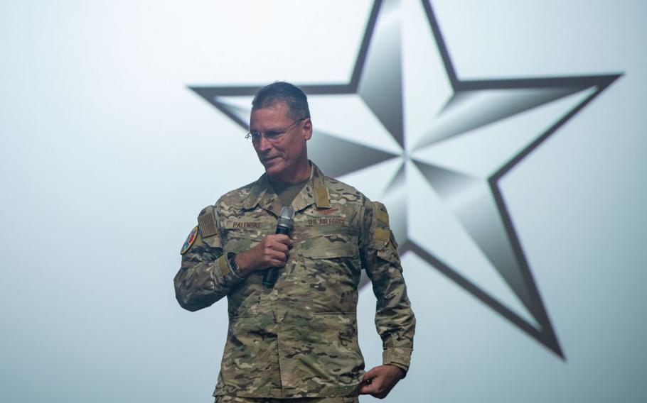 U.S. Air Force Brig. Gen. Thomas Palenske, 36th Air Wing commander, addresses participants of Cope North 24 at Anderson Air Force Base, Guam, Feb. 5, 2024. CN24 is a multinational, U.S. Pacific Air Forces-sponsored, field training exercise focused on airborne integration for large-force employment and agile combat employment.