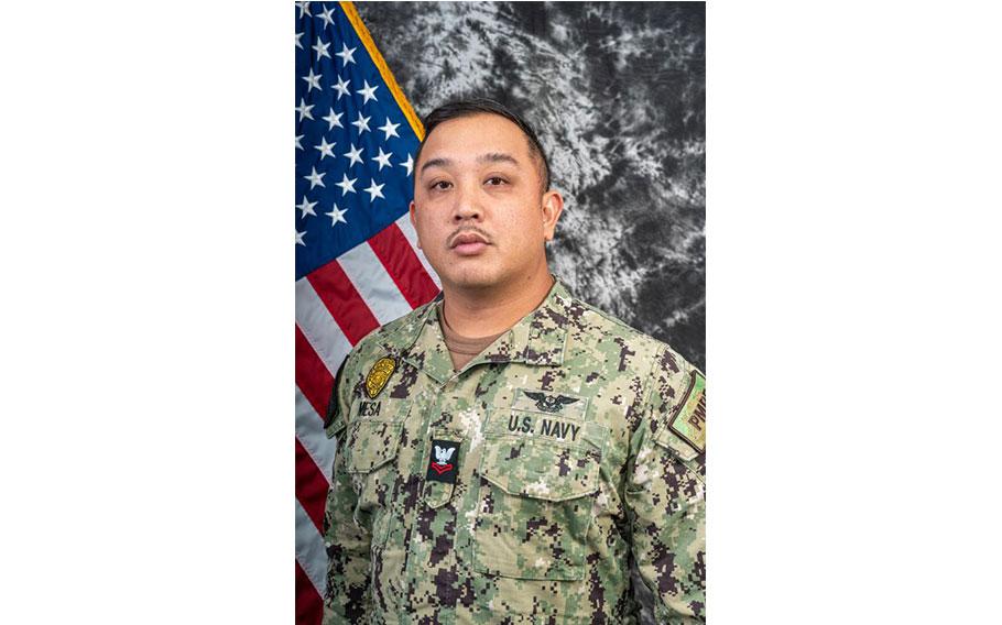 U.S. Navy Petty Officer 2nd Class George Anthony Mesa poses.