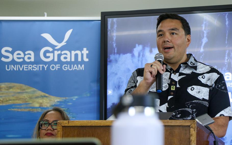 Austin Shelton, Ph.D., director of the UOG Center for Island Sustainability and Sea Grant, speaks at the unveiling of the recipients of the 2024-2026 UOG Sea Grant Competitive Research Funding. The UOG Center for Island Sustainability and Sea Grant held an event announcing the selection on Thursday, August 15, at the UOG RFK Memorial Library.