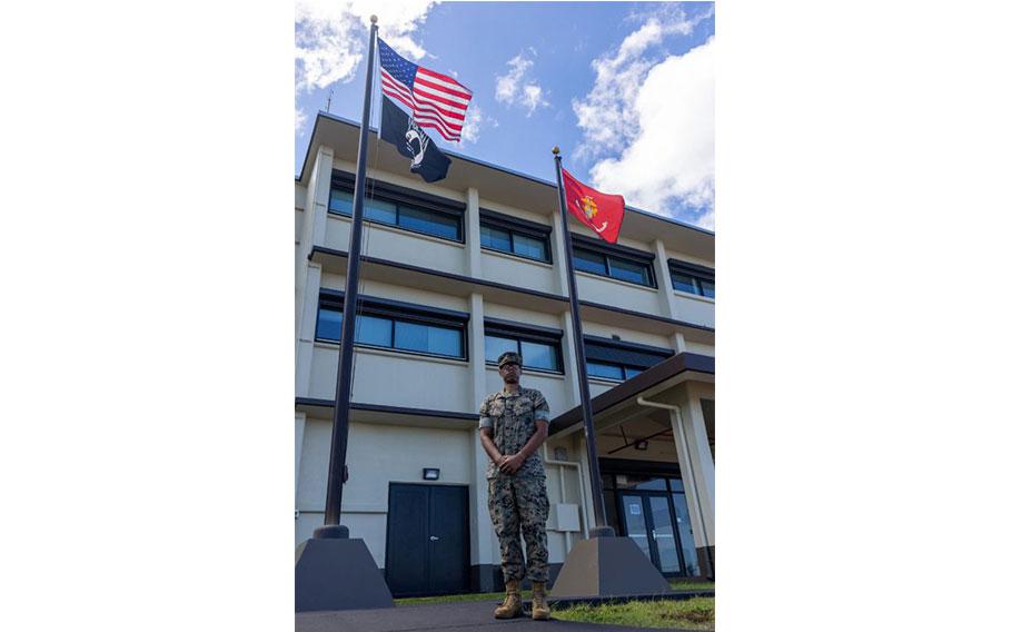 U.S. Marine Corps Staff Sgt. Marcellous Dixon, training chief, Marine Corps Base Camp Blaz, poses for a portrait after winning the Marine Corps Installations Command Enlisted Marine of the Year award, Camp Blaz, Guam, March 4, 2025