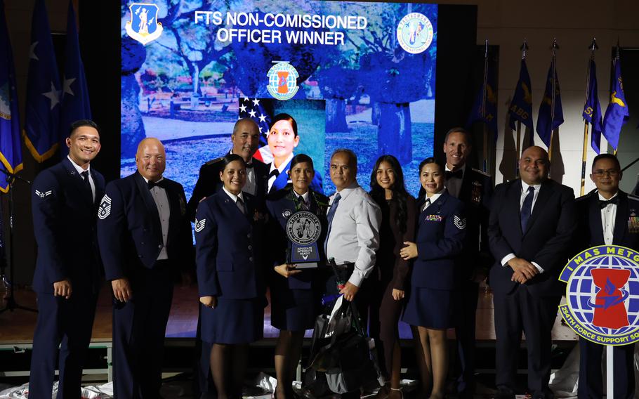 TSgt Sheila Crisostomo (FSS) – FULL TIME STAFF NCO OF THE YEAR: U.S. Air Force Tech. Sgt. Sheila Crisostomo, recruiting and retention noncommissioned officer assigned to the 254th Force Support Squadron (FSS), Guam Air National Guard, receives the award for Full Time Staff Noncommissioned Officer of the Year at the 2023 Guam Air National Guard Outstanding Airman of the Year event at Leo Palace Resort, Guam, Feb. 3, 2024. Crisostomo is also the flight chief, appointed interim retention office manager and the senior enlisted leader for recruiting and retention at FSS.