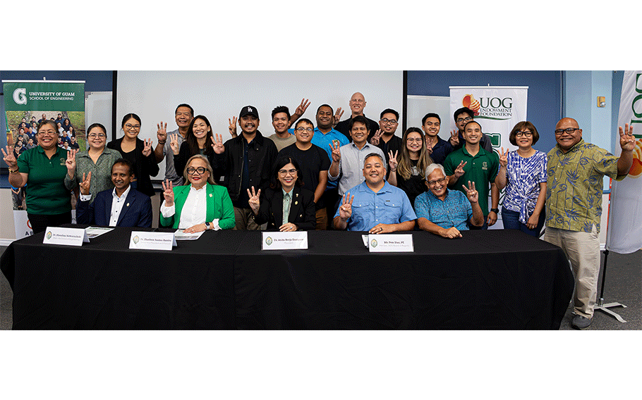 Students, alumni, faculty, and staff of the School of Engineering, members of the UOG administration and the Board of Regents, and industry supporters gather for a photo during a press conference to announce the Bachelor of Science in Civil Engineering program earning ABET accreditation for the maximum six-year term.