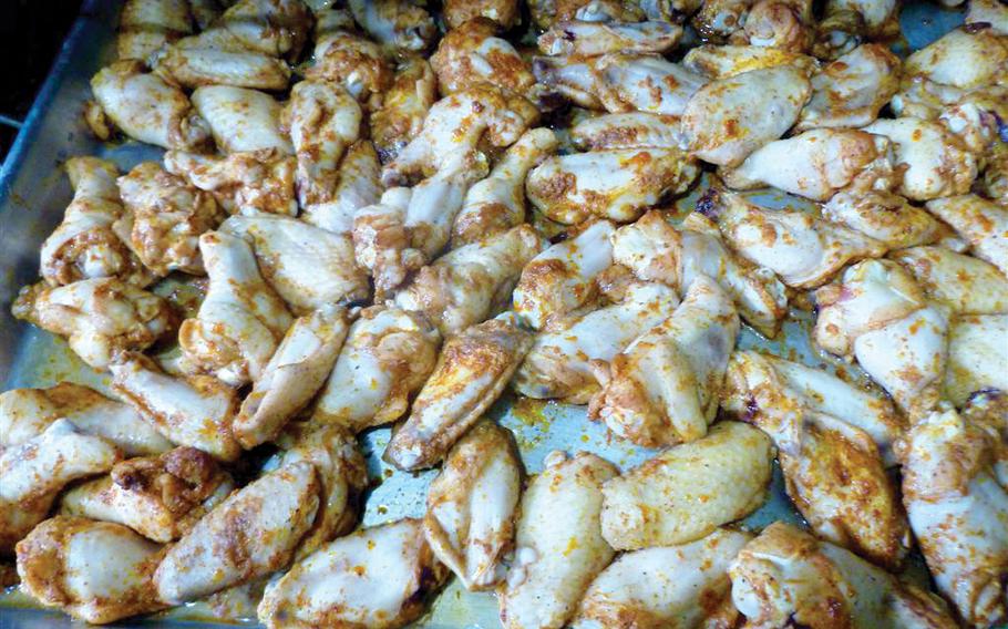 chickens are on a tray.