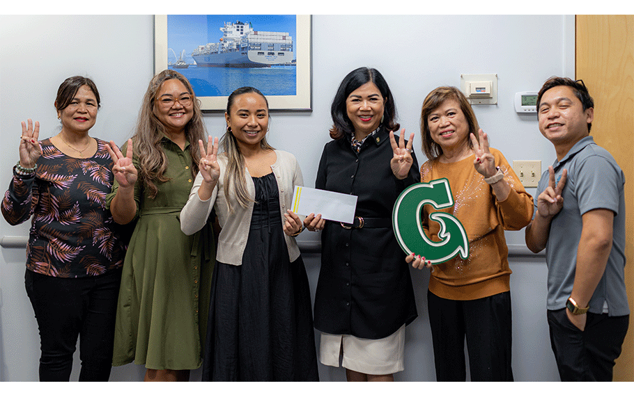 AGA Guam Chapter awarded $1,500 Herminia Dierking Scholarships to UOG students Abigail UY and Princess Fernandez. From left: Norma Guevara, UOG Financial Aid Program Coordinator; Llewelyn Terlaje, AGA President; Abigail Uy, scholarship recipient; Dr. Anita Borja Enriquez, UOG President; Dr. Zeny Asunción, AGA Scholarship Advisor; and Ritzmar Erni, AGA Scholarship Committee Director. (Not pictured: Princess Fernandez, scholarship recipient.)