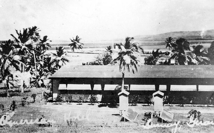 Pan America Airways Hotel in 1935 is surrounded by coconut trees. The hotel fronted Apra harbor priving guests with a scenic mountain view.