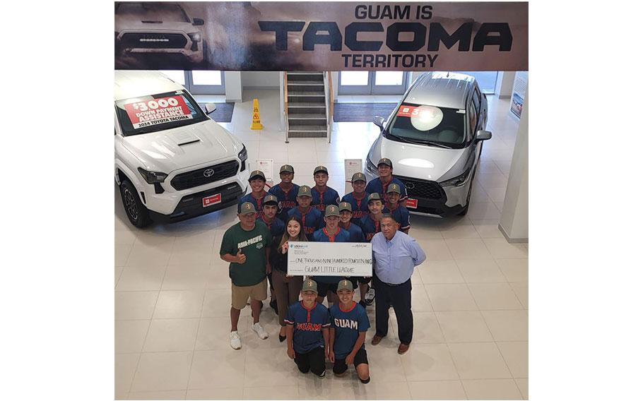 Second row L-R – Kevin Acosta, Team Guam Coach; AK Trina Cruz, Marketing & Communications Director; and Jesse Quenga, AK Sr. Sales Manager, pose with the Team Guam Senior Little League baseball players.