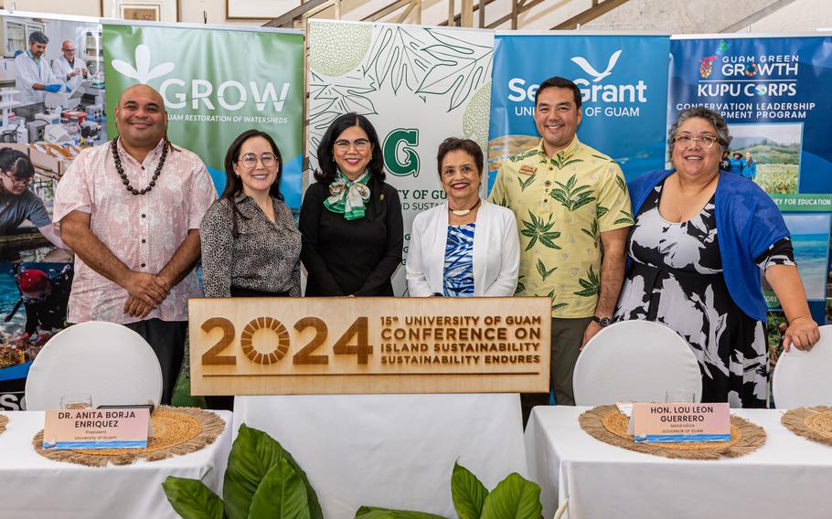 The 15th University of Guam Conference on Island Sustainability press conference held today featured conference co-chairs and featured speakers with a full preview of the week’s activities.  L-R: Lt. Governor Joshua Tenorio, Island Sustainability Community Advisory Board Chairwoman Maria Leon Guerrero, UOG President Anita Borja Enriquez, Governor Lou Leon Guerrero, UOG Center for Island Sustainability and Sea Grant Director Austin Shelton and Executive Director of the Global Islands Partnership Kate Brown.  