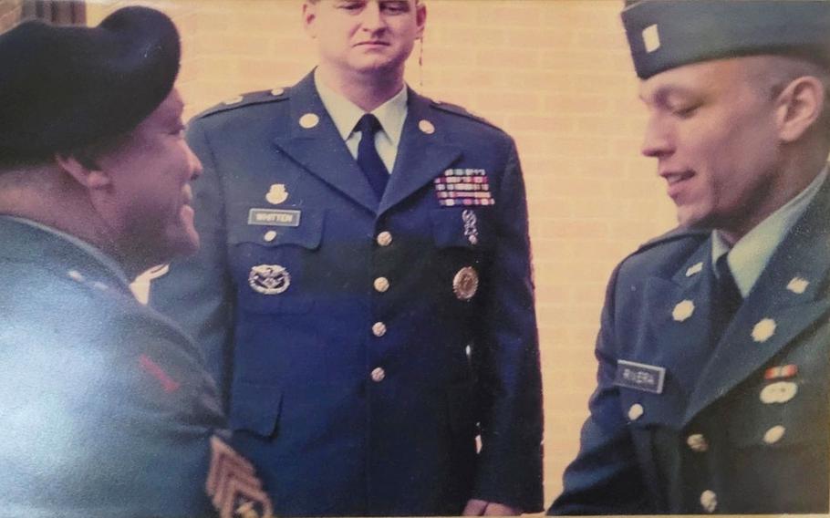 Sgt. Maj. Francisco Rivera with his son, then 2nd Lt. Matthew Rivera, during Matthew’s Army Commissioning Ceremony in 2003. The Rivera’s service in the U.S. Army spans three generations, dating back to World War II.