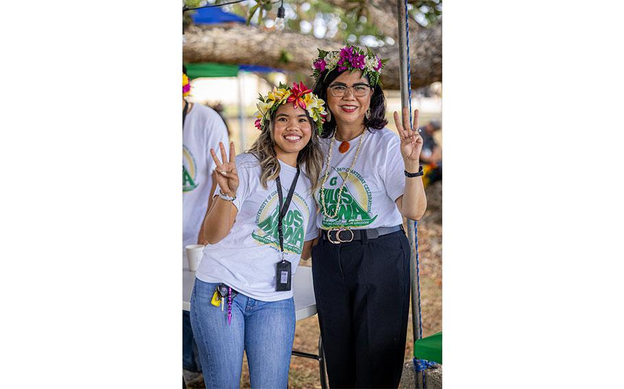 University of Guam President Anita Borja Enriquez is joined by Student Government Association President Kyona Rivera in the Center Courtyard at the University of Guam.