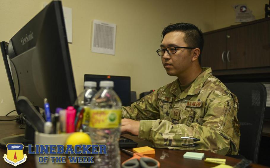 U.S. Air Force Tech. Sgt. Leon Yang, a resource advisor assigned to the 36th Expeditionary Aircraft Maintenance Squadron, maintains a trailer at Andersen Air Force Base, Guam, Dec. 7, 2022. The Team Andersen Linebacker of the Week recognizes outstanding enlisted, officer, civilian and total force personnel who have had an impact on achieving Team Andersen’s mission, vision and priorities. (U.S. Air Force photo illustration by Airman 1st Class Breanna Christopher Volkmar)