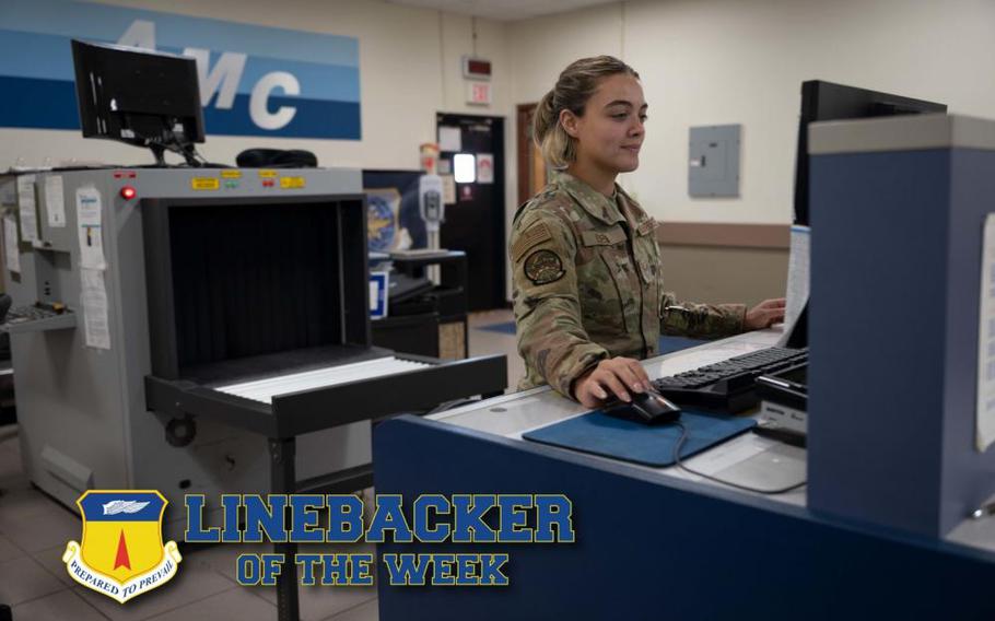 U.S. Air Force Airman 1st Class Sierra Ojeda, a passenger service agent with the 734th Air Mobility Squadron, assists a customer with their bags and flight check-in at Andersen Air Force Base, Guam, May 4, 2022. The Team Andersen Linebacker of the Week recognizes outstanding enlisted, officer, civilian and total force personnel who have had an impact on achieving Team Andersen’s Mission, Vision and Priorities. (U.S. Air Force photo illustration by Airman 1st Class Kaitlyn Preston)