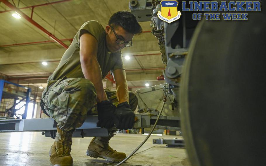 U.S. Air Force Airman 1st Class Joan Perez-Resendiz, a munitions support equipment maintenance technician assigned to the 36th Munitions Squadron, maintains a trailer at Andersen Air Force Base, Guam, Nov. 21, 2022. The Team Andersen Linebacker of the Week recognizes outstanding enlisted, officer, civilian and total force personnel who have had an impact on achieving Team Andersen’s mission, vision and priorities. (U.S. Air Force photo illustration by Airman 1st Class Breanna Christopher Volkmar)