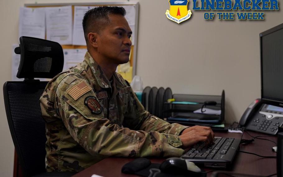 U.S. Air Force Tech. Sgt. Ismael Tabual, an Nco in charge of financial operations assigned to the 36th Comptroller Squadron, reviews military pay entitlements at Andersen Air Force Base, Guam, Jan. 4, 2023. The Team Andersen Linebacker of the Week recognizes outstanding enlisted, officer, civilian and total force personnel who have had an impact on achieving Team Andersen’s mission, vision and priorities. (U.S. Air Force photo illustration by Senior Airman Jasmine M. Barnes)