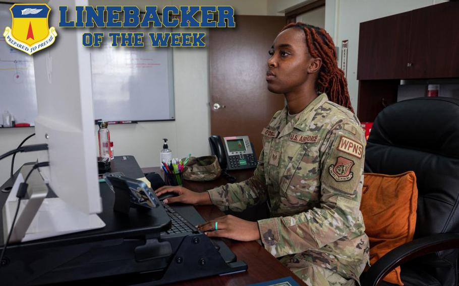 U.S. Air Force Quinteria O’Driscoll, a command support staff member assigned to the 36th Maintenance Squadron, tracks inbound and outbound Airmen at Andersen Air Force Base, Guam, Feb. 2, 2023. The Team Andersen Linebacker of the Week recognizes outstanding enlisted, officer, civilian and total force personnel who have had an impact on achieving Team Andersen’s mission, vision and priorities. (U.S. Air Force photo illustration by Senior Airman Jasmine M. Barnes)