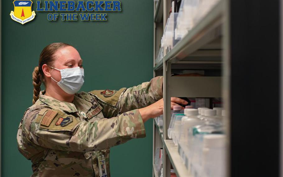 U.S. Air Force Tech. Sgt. Brittany Wallace, pharmacy flight chief of the 36th Healthcare Operations Squadron, puts prescriptions away at Andersen Air Force Base, Guam, April 5, 2022. Since arriving at Andersen AFB in June of 2020, Wallace has lead the five-member team and manages $1 million in executing pharmacy operations. Wallace and her team ensure the safe delivery of 39,000 prescriptions to 16,000 beneficiaries annually. (U.S. Air Force photo by Staff Sgt. Aubree Owens)