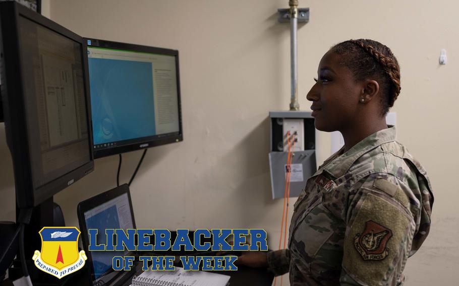 U.S. Air Force Staff Sgt. Sharrele Randall, noncommissioned officer in charge of installation personnel readiness with the 36th Force Support Squadron, reviews files on her computer at Andersen Air Force Base, Guam, Feb. 23, 2022. The Team Andersen Linebacker of the Week recognizes outstanding enlisted, officer, civilian and total force personnel who have had an impact on achieving Team Andersen’s Mission, Vision and Priorities. (U.S. Air Force photo illustration by Airman 1st Class Kaitlyn Preston)