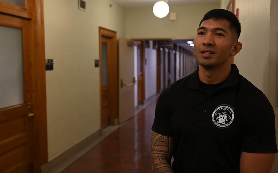 U.S. Army Staff Sgt. Andrew Quinata from the Guam National Guard’s 94th Civil Support Team participates in an interview about his assignment to Joint Task Force-District of Columbia’s support to the 60th Presidential Inauguration in Washington, D.C., Jan. 17, 2025.