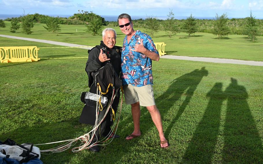 U.S. Army retired Maj. Tim Ohno (left), Special Forces, pose for a photo with U.S. Air Force Brig. Gen. Thomas Palenske, 36th Wing commander, during Freedom Fest at Andersen Air Force Base, Guam, July 4, 2024.