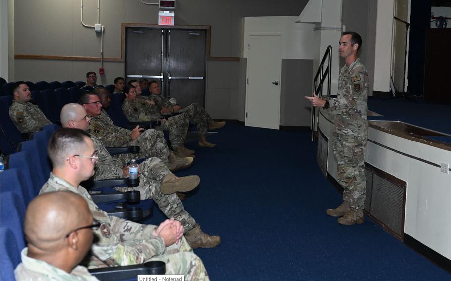 U.S. Air Force Maj. Daniel Merkh, 36th Security Forces Squadron commander, delivers his remarks about the purpose and importance of Police Week at Andersen Air Force Base.