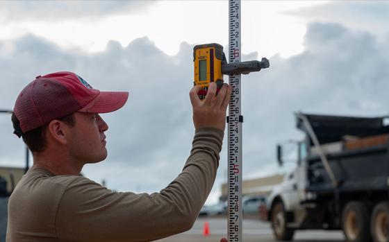 Photo Of U.S. Air Force Senior Airman Ryan Werder, 554th Rapid Engineer Deployable Heavy Operational Repair Squadron Engineers engineering technician, calibrates an electronic leveler for a K-SPAN foundation at Andersen Air Force Base, Guam, Aug. 29, 2024.