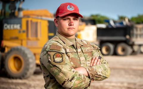 Photo Of U.S. Air Force Airman First Class Braylon McCoy, pavements and heavy equipment operator assigned to the 200th Rapid Engineer Deployable Heavy Operational Repair Squadron Engineer (RED HORSE) Squadron, Mansfield, Ohio, poses for a portrait at Northwest Field, Andersen Air Force Base, Guam.