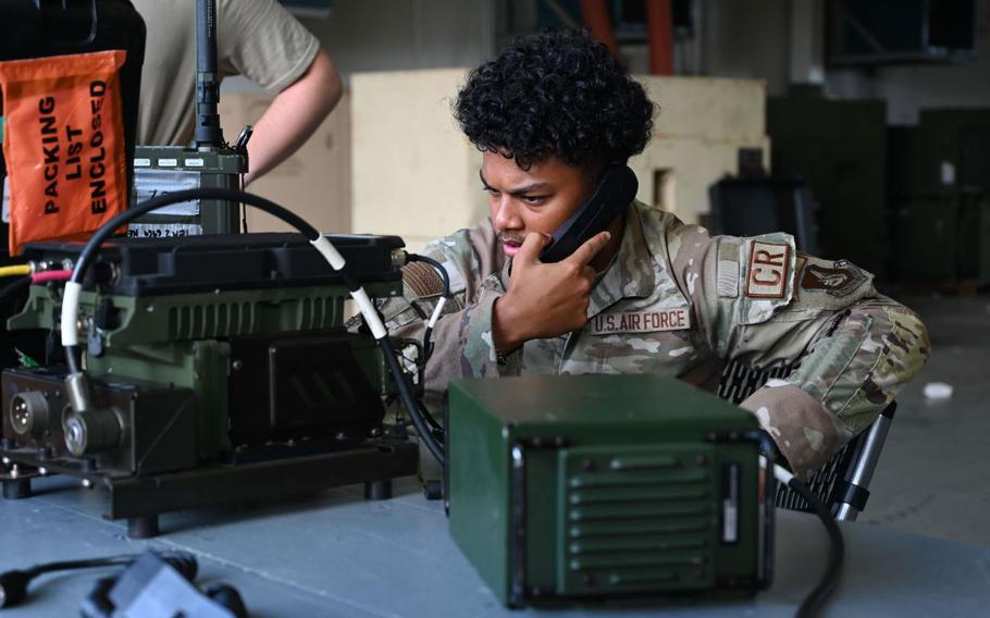 U.S. Air Force Airman 1st Class Daylen Sayles, assigned to the 644th Combat Communications Squadron, tests his equipment at the Pacific Regional Training Center- Andersen, Guam on August 9, 2024.