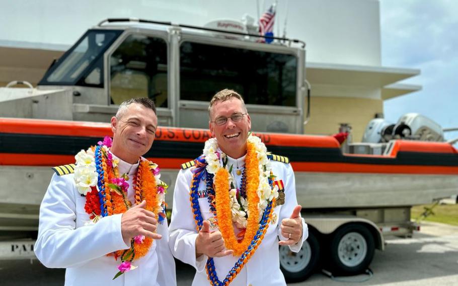 Capt. Rob Kistner takes command of U.S. Coast Guard Forces Micronesia Sector Guam from Capt. Nick Simmons in a change of command ceremony at Victor Pier in Apra Harbor, Guam.