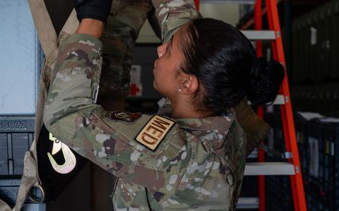 Photo Of U.S. Air Force Airman Jaden Wilson, 36th Medical Group medical logistics specialist, secures air trans clinics during Slingstone 24-4 at Andersen Air Force Base, Guam, Oct. 15, 2024.