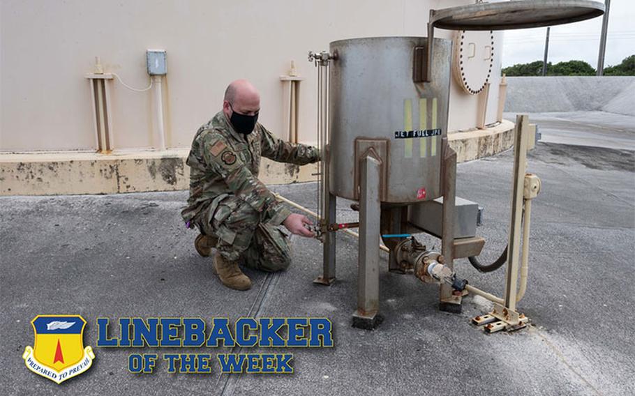 U.S. Air Force Staff Sgt. Eric Alder, noncommissioned officer in charge of fuels facilities with the 36th Logistics Readiness Squadron, tests fuel quality at Andersen Air Force Base, Guam, Feb. 9, 2022. The Team Andersen Linebacker of the Week recognizes outstanding enlisted, officer, civilian and total force personnel who have had an impact on achieving Team Andersen’s Mission, Vision and Priorities. (U.S. Air Force photo illustration by Airman 1st Class Kaitlyn Preston)