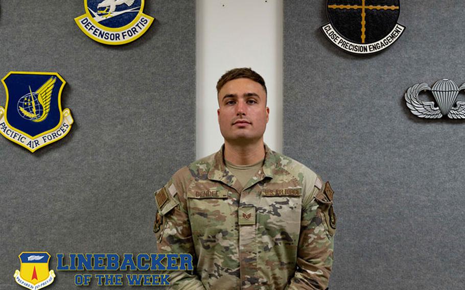 U.S. Air Force Staff Sgt. Brian Bendel, a contingency response fire team leader assigned to the 736th Security Forces Squadron, poses for a photo at Pacific Regional Training Center - Andersen, Guam, June 28, 2023. The Team Andersen Linebacker of the Week recognizes outstanding enlisted, officer, civilian and total force personnel who have had an impact on achieving Team Andersen’s mission, vision and priorities. (U.S. Air Force photo by Airman 1st Class Emily Saxton)