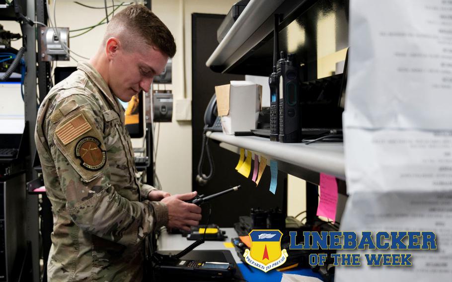 U.S. Air Force Senior Airman Tanner Geil, a radio transmissions system operations technician assigned to the 36th Communications Squadron, works on a radio at Andersen Air Force Base, Guam, April 5, 2023. The Team Andersen Linebacker of the Week recognizes outstanding enlisted, officer, civilian and total force personnel who have had an impact on achieving Team Andersen’s mission, vision and priorities. (U.S. Air Force photo by Airman 1st Class Emily Saxton)