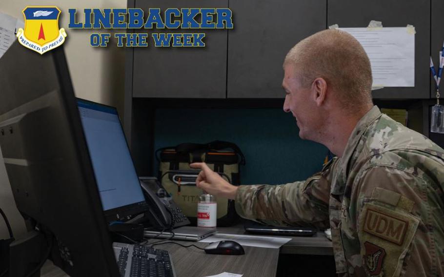 U.S. Air Force Tech. Sgt. Tyler Ellman, a 36th Force Support Squadron noncommissioned officer in charge of readiness, answers the phone at Andersen Air Force Base, Guam, April 26, 2023. The Team Andersen Linebacker of the Week recognizes outstanding enlisted, officer, civilian and total force personnel who have had an impact on achieving Team Andersen’s mission, vision and priorities. (U.S. Air Force photo illustration by Senior Airman Jasmine M. Barnes)