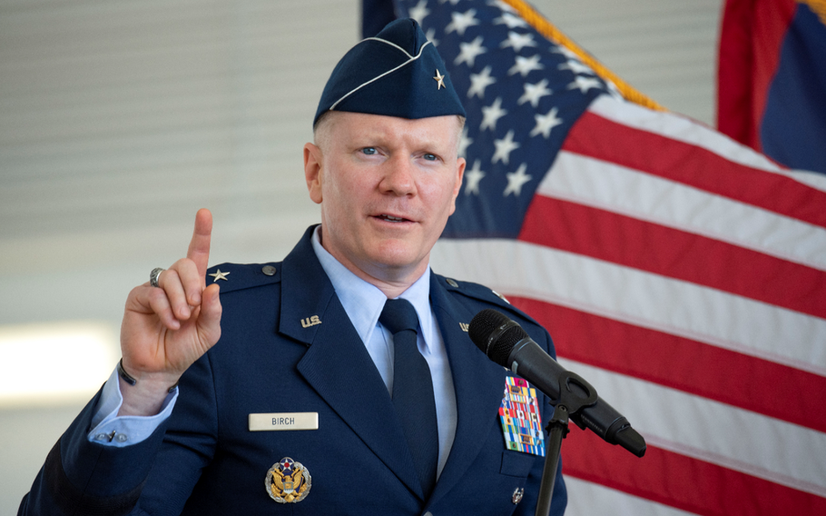 U.S. Air Force Brig. Gen. Paul R. Birch offers remarks during the 36th Wing change of command ceremony, June 10, 2022, at Andersen Air Force Base, Guam. As installation commander, Birch is now responsible for the well-being of more than 8,000 joint military and civilian personnel on Andersen AFB. Additionally, he supports Department of Defense installation management of Guam and the Northern Mariana Islands as the Deputy Commander of Joint Region Marianas. (U.S. Air Force photo by Staff Sgt. Ryan Brooks)