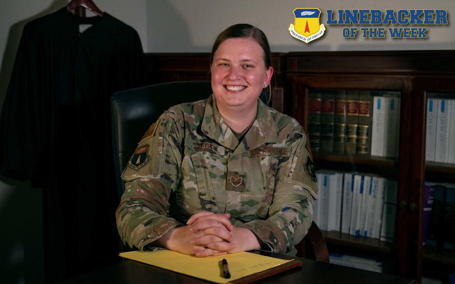 U.S. Air Force Staff Sgt. Emily Tiedt, the noncommissioned officer in charge of adverse actions, assigned to the 36th Wing office of the Staff Judge Advocate, sits in the judge’s chambers of the courtroom at Andersen Air Force Base, Guam, Sept. 21, 2022. Tiedt hard work since arriving at Andersen AFB in 2021 led her to be recognized as the 11th Air Force Paralegal of the Quarter as well as the Pacific Air Forces Paralegal of the Month. (U.S. Air Force photo illustration by Airman 1st Class Emily Saxton)