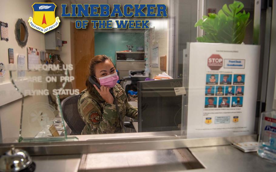 U.S. Air Force, Staff Sgt. Jessa Mullan, mental health administrator with the 36th Medical Group takes a call at Andersen Air Force Base, Guam, Sept. 21, 2022. Mullan Manages all administrative and front desk functions for the Mental Health Flight.(U.S. Air Force photo illustration by Airman 1st Class Allison)