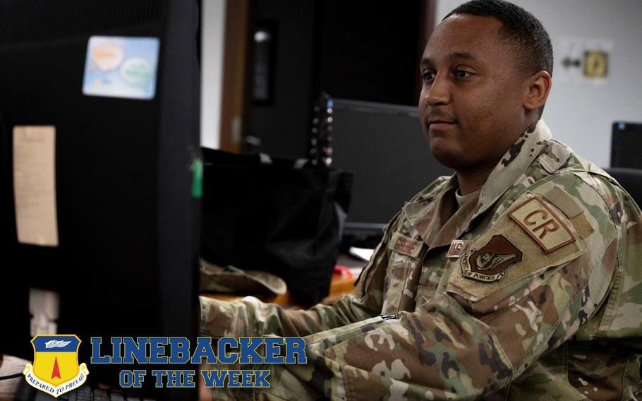 U.S. Air Force Staff Sgt. Nicholas Greene, the noncommissioned officer in charge of administration assigned to the 36th Contingency Response Squadron, sits at the front desk of the CRS at Andersen Air Force Base, Guam, Oct. 24, 2022. Greene manages commanders’ programs including evaluations, decorations, leave and sponsorship for 67 members. (U.S. Air Force photo illustration by Airman 1st Class Emily Saxton)